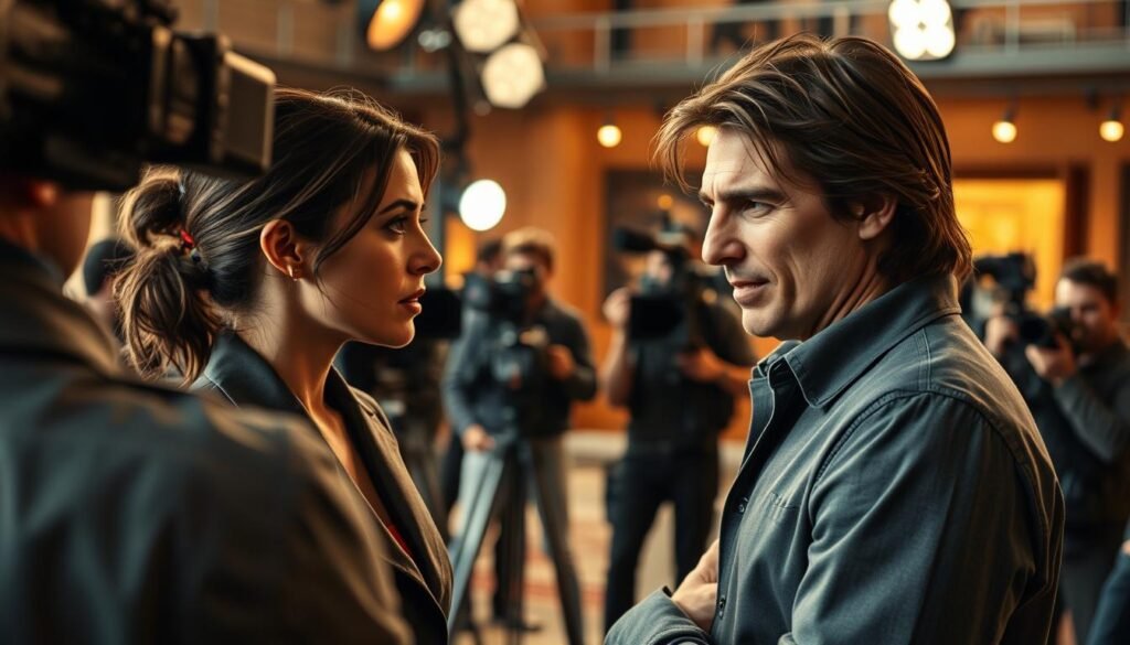 A cinematic scene of acclaimed actors Ana de Armas and Tom Cruise on a movie set, captured with a professional-grade camera. The foreground features the two lead performers engaged in an intense, dramatic exchange, their expressions conveying the emotional depth of their on-screen collaboration. The middle ground showcases the bustling activity of the film crew, with lighting equipment, cameras, and crew members visible. The background depicts a meticulously crafted movie set, immersing the viewer in the cinematic world they inhabit. The lighting is carefully balanced, with warm tones highlighting the actors' faces and the overall mood exuding a sense of artistic professionalism and creative energy.