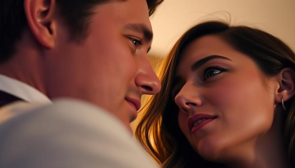 A close-up portrait of Ana de Armas and Ben Affleck, their faces turned towards each other, exuding an intimate and affectionate mood. The lighting is soft and warm, creating a romantic atmosphere. The background is slightly blurred, keeping the focus on the couple's connection. Ana's expression is captivating, her gaze intense and alluring. Ben's expression mirrors hers, his eyes filled with adoration. The image conveys the personal and emotional aspects of their relationship, capturing a private moment between the two celebrities.