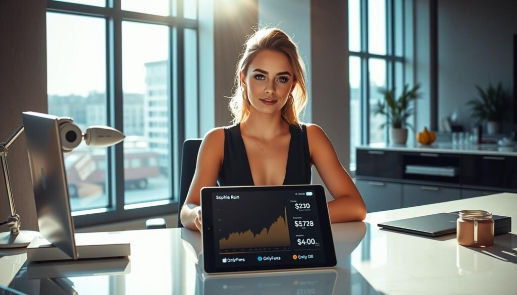 A glamorous young woman, Sophie Rain, sits at a sleek, modern desk, surrounded by the trappings of her successful OnlyFans empire. Sunlight streams through the large windows, casting a warm glow on her confident expression. Elegant, minimalist decor frames the scene, hinting at her sophisticated, high-end lifestyle. In the foreground, a tablet displays her growing earnings and subscriber count, reflecting her financial success. The overall mood is one of power, wealth, and the allure of the digital creator economy.