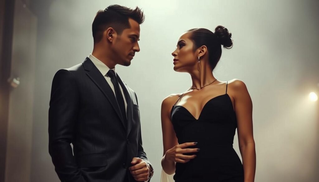 A glamorous, high-fashion photograph of Zoë Kravitz and Channing Tatum posing together, their bodies angled towards each other in an intimate, yet sophisticated manner. Kravitz is dressed in a sleek, black designer gown that accentuates her lithe frame, her dark, striking features highlighted by dramatic, sultry makeup. Tatum stands beside her, wearing a tailored, charcoal-gray suit, his rugged good looks and chiseled physique on full display. The two celebrities gaze into each other's eyes, radiating an electric chemistry and magnetic connection. The photograph is shot in a high-end, editorial style, with soft, diffused lighting creating a warm, moody atmosphere. The background is blurred, drawing the viewer's focus entirely onto the captivating central figures.