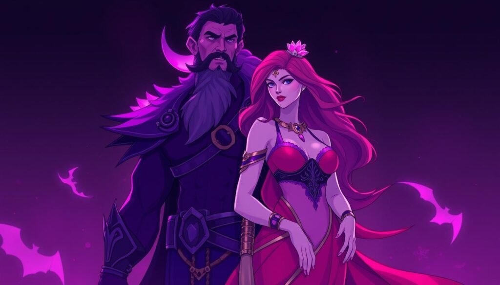 Lore Olympus artwork featuring Hades and Persephone in the distinctive color style Lore Olympus artwork featuring Hades and Persephone in the distinctive color style