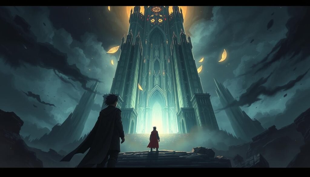 Tower of God manhwa artwork showing Bam and the tower's mystical environment Tower of God manhwa artwork showing Bam and the tower's mystical environment